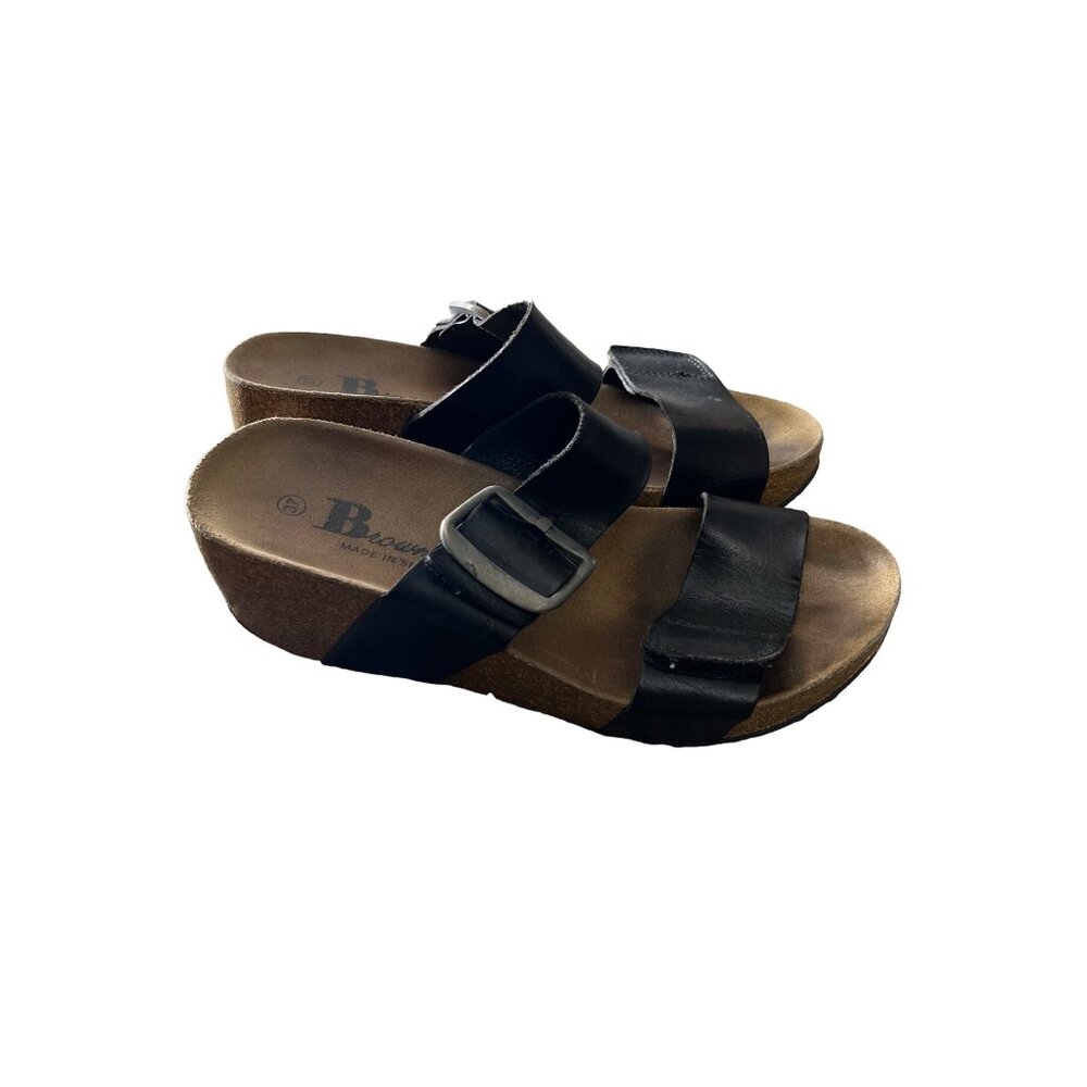 Browns Womens Black Leather Strap Comfort Wedge Sandals Size 6